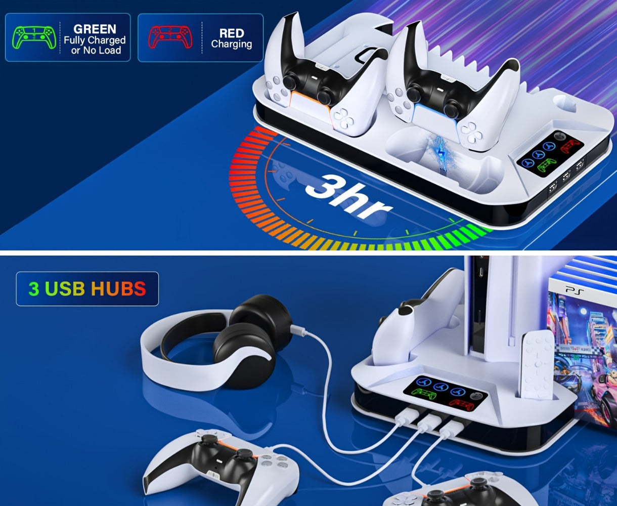 PS5 Cooling Station with USB Hub & Dual Controller Charging Dock for PS5/Slim/Pro, PlayStation 5 Stand Cooler with 3 USB Hubs