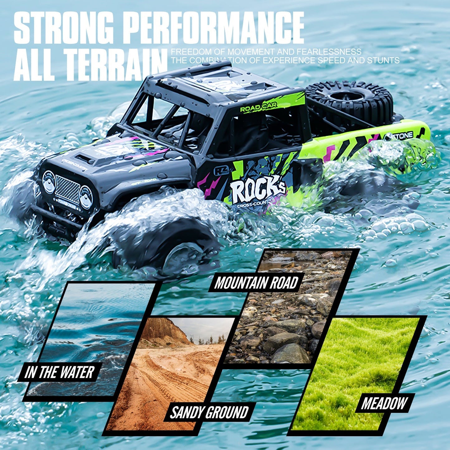 RC Monster Truck or Pickup 1:16 Scale in Five Body and Color Styles with 4WD Layout and Two Rechargeable Batteries