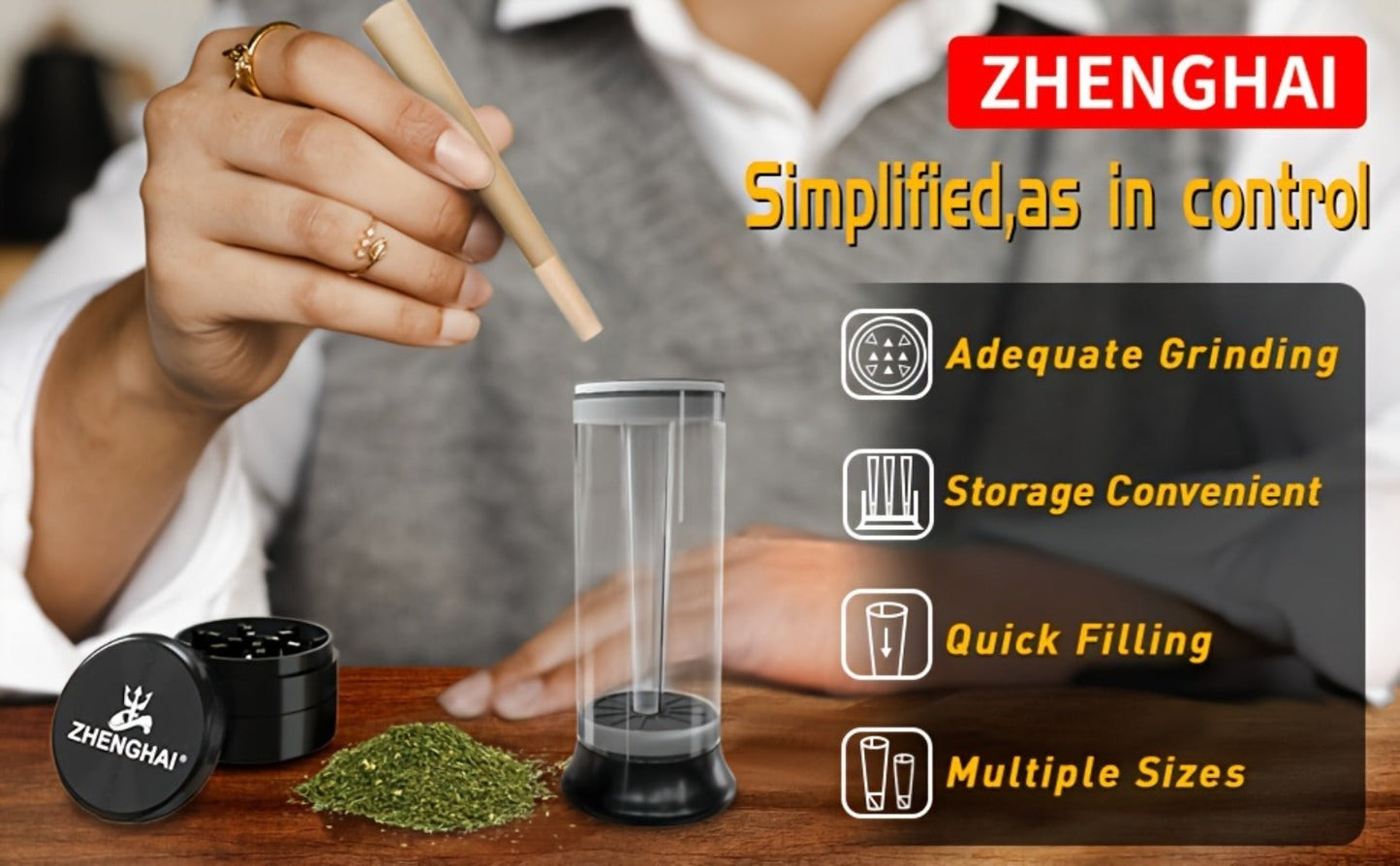 3-in-1 Herb Grinder with Cone Loader & Rolling Machine, Multifunctional Tobacco Grinder Blunt Joint Roller Filling Storage All-in-One