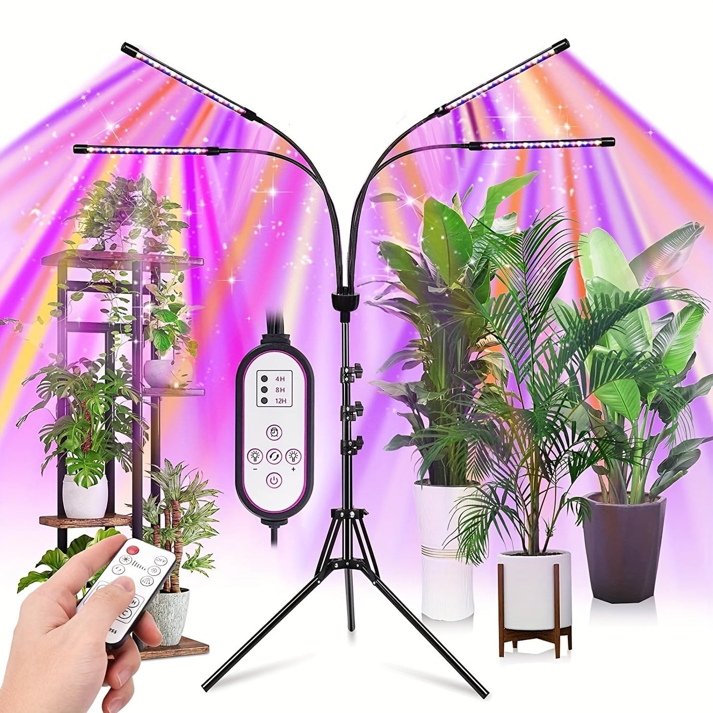 Adjustable Floor Tripod LED Plant Lamp with RF Remote, 4 or 5 Flexible Heads and 29-61in Stand