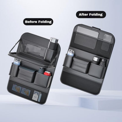 Faux Leather Car Seat Back Organizer with Foldable Tray and Tablet Stand in Black, Gray or Brown, One- or Two-Piece Packs