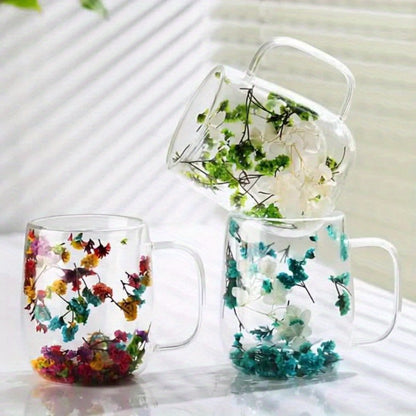 Double Wall Glass Coffee Cups with Handle Set of 4 – Borosilicate Thermal Mugs for Latte Cappuccino Tea | Dried Flower & Petal Design