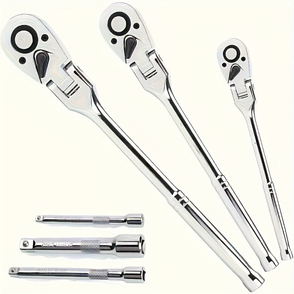 Three- or Six-Piece Flex-Head Ratchet Handle Set with 1/4, 3/8 and 1/2-Inch Drives and Extensions