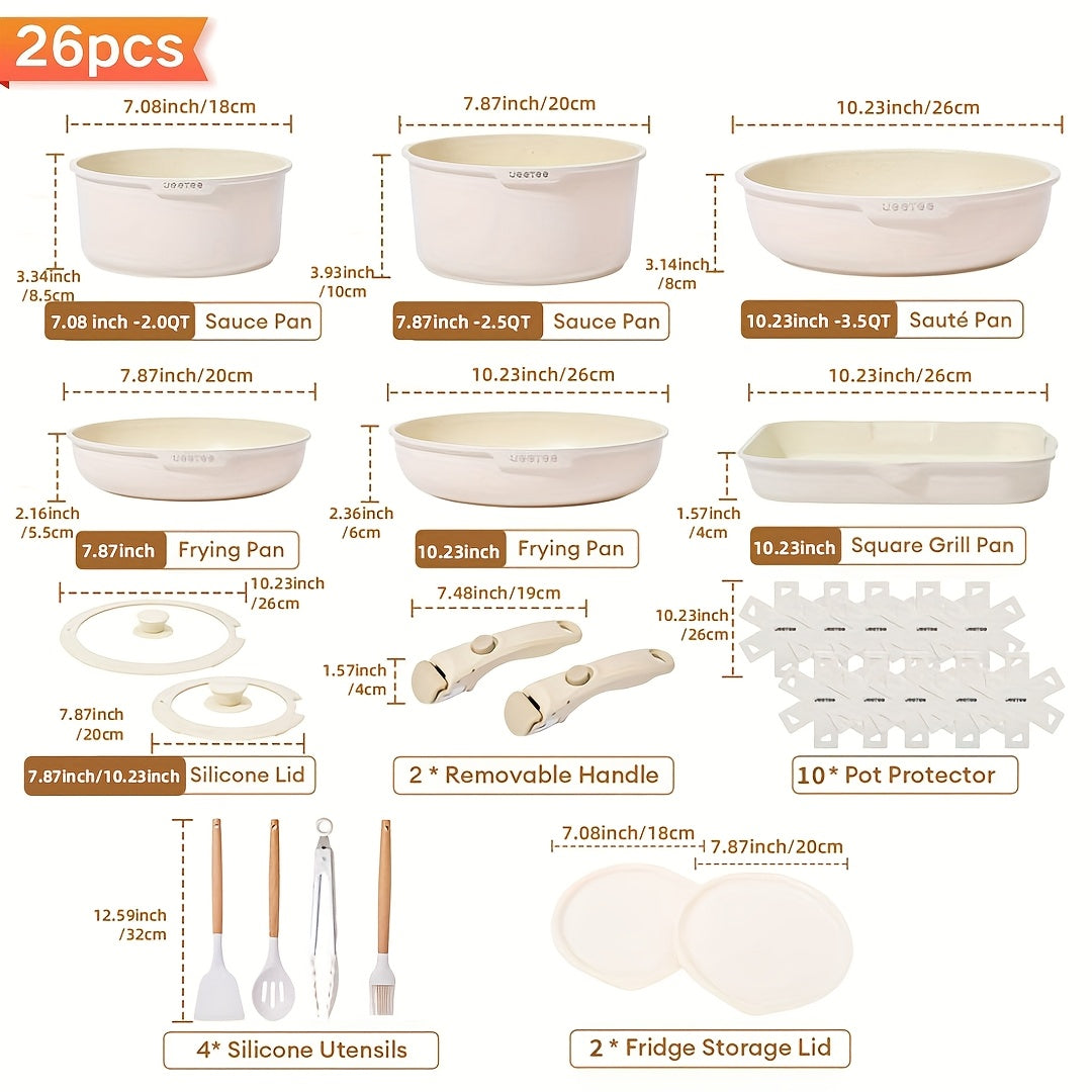 Cookware Set A Dinnerware 16- or 26-Piece Detachable-Handle Pots and Pans in Black or Beige for Compact Storage