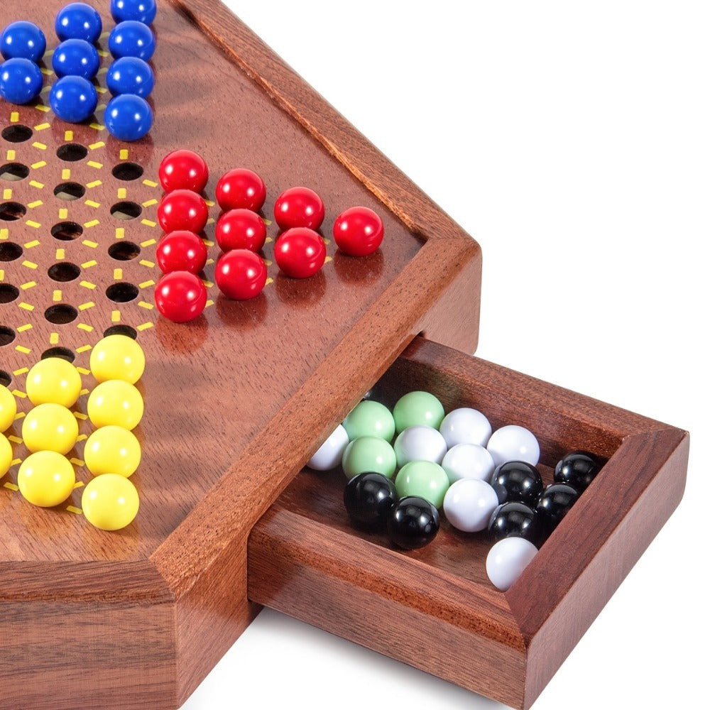 Deluxe Wooden Chinese Checkers Game Set 12.5 Inch Hexagonal Board with Storage Drawer 60 Acrylic Marbles