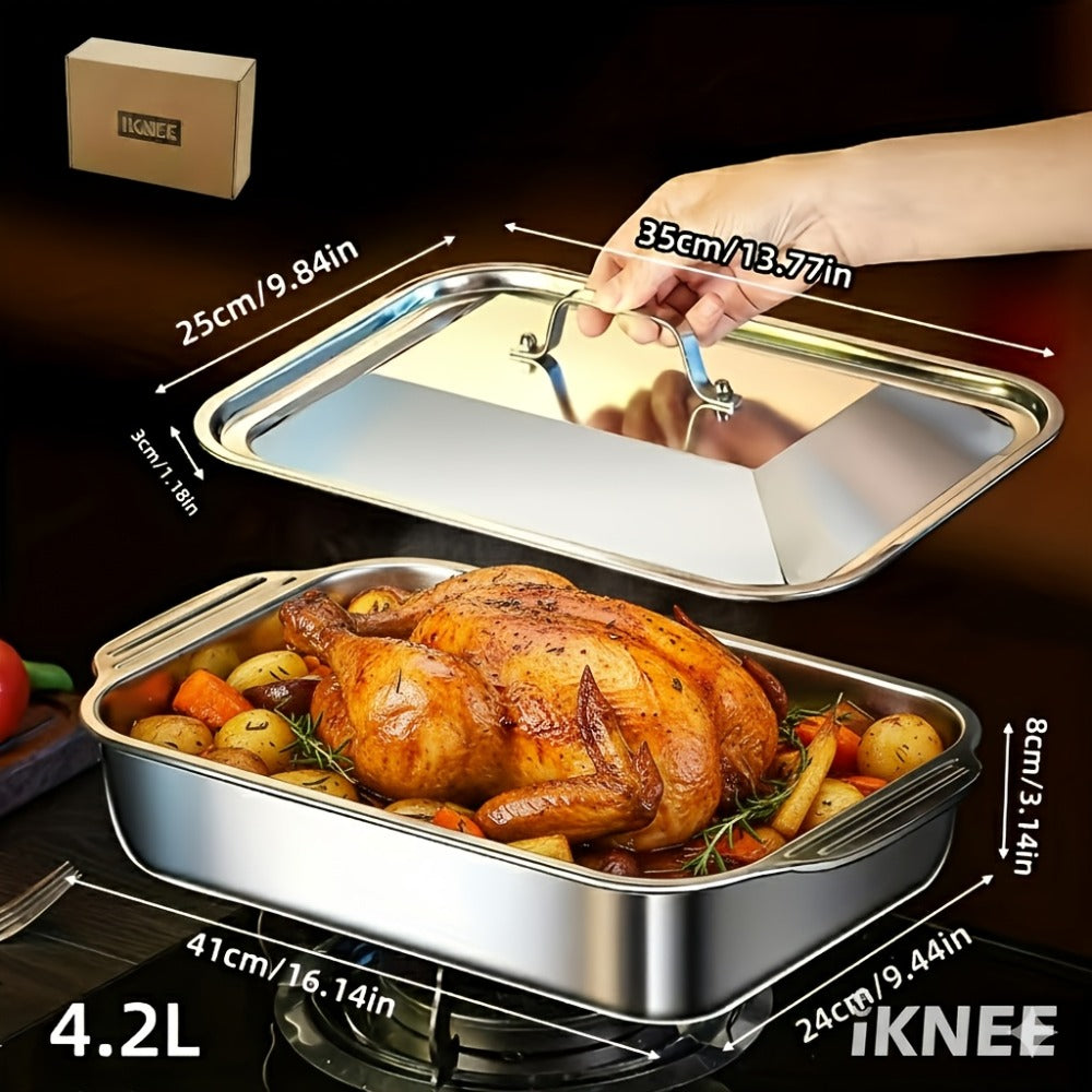 Stainless Steel Baking Pan Set 4-Piece, 2 Deep Roasting Pans & 2 Lidded Pans with Handles for Entryways, Bedrooms and Living Spaces