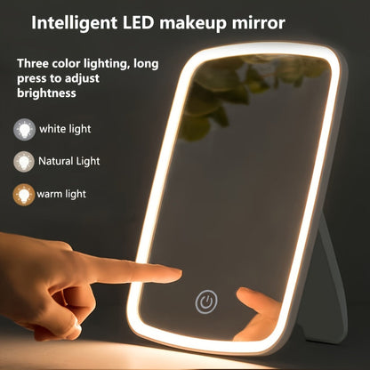 Makeup Mirror Portable Folding LED Stand with Three Light Colors, Touch Brightness and USB Rechargeable Power