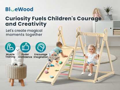 Foldable Indoor Wooden Jungle Gym for Toddlers, 4-in-1 Climbing Frame with Swing, Slide & Ladder