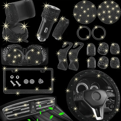 Bling Car Accessories Set 27pcs – Glitter Steering Wheel Cover 15 Inch, Bling License Plate Frame, Phone Holder & Car Coasters for Women