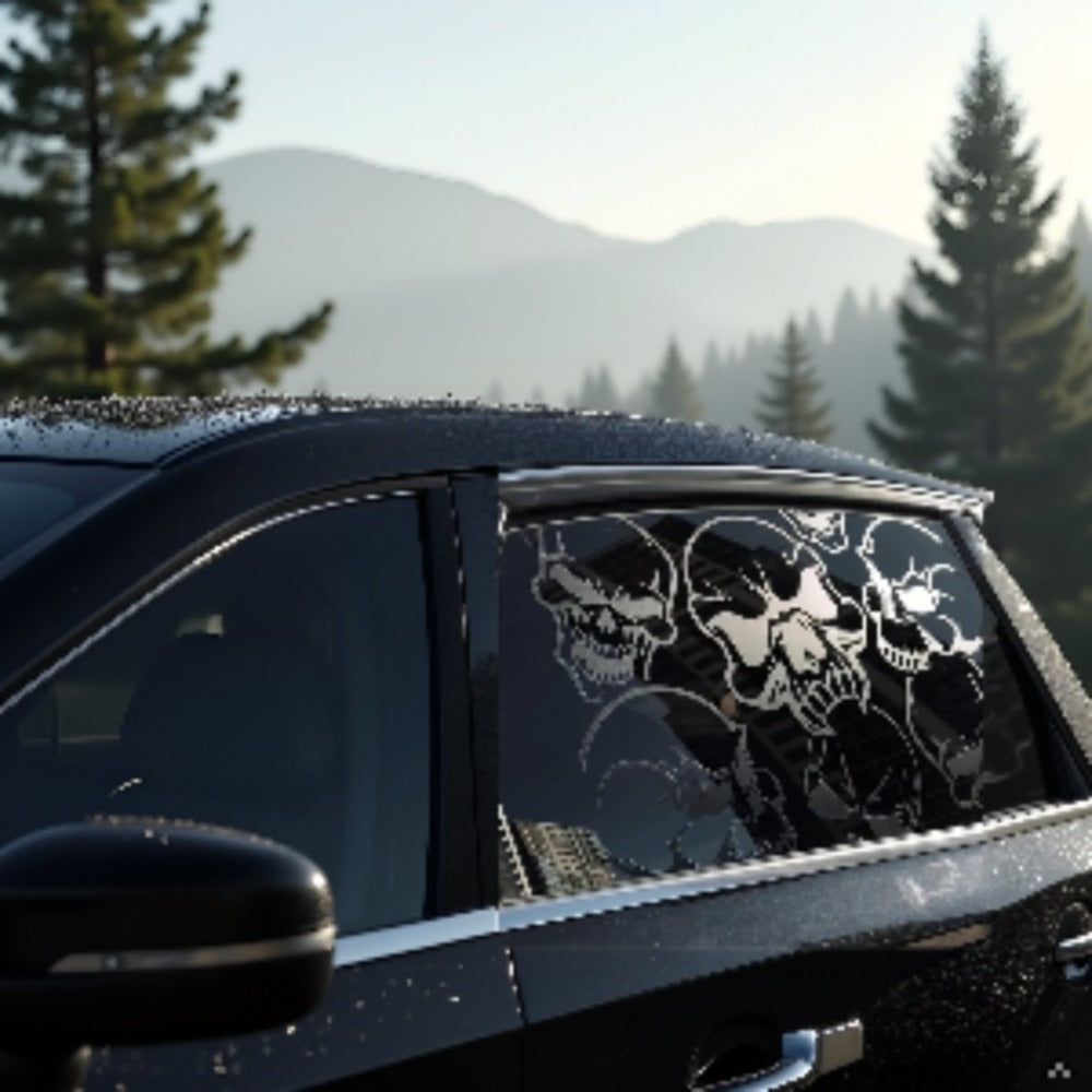 Two-Piece Gothic Skull Car Window Decals in Type A, C or D Artwork with Small or Large Sizes