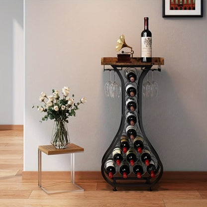 Freestanding Wine Rack Floor 14 Bottles Mini Bar Table Stand Liquor Cabinet with Glass for Home Cooking, Dining and Outdoor Meals