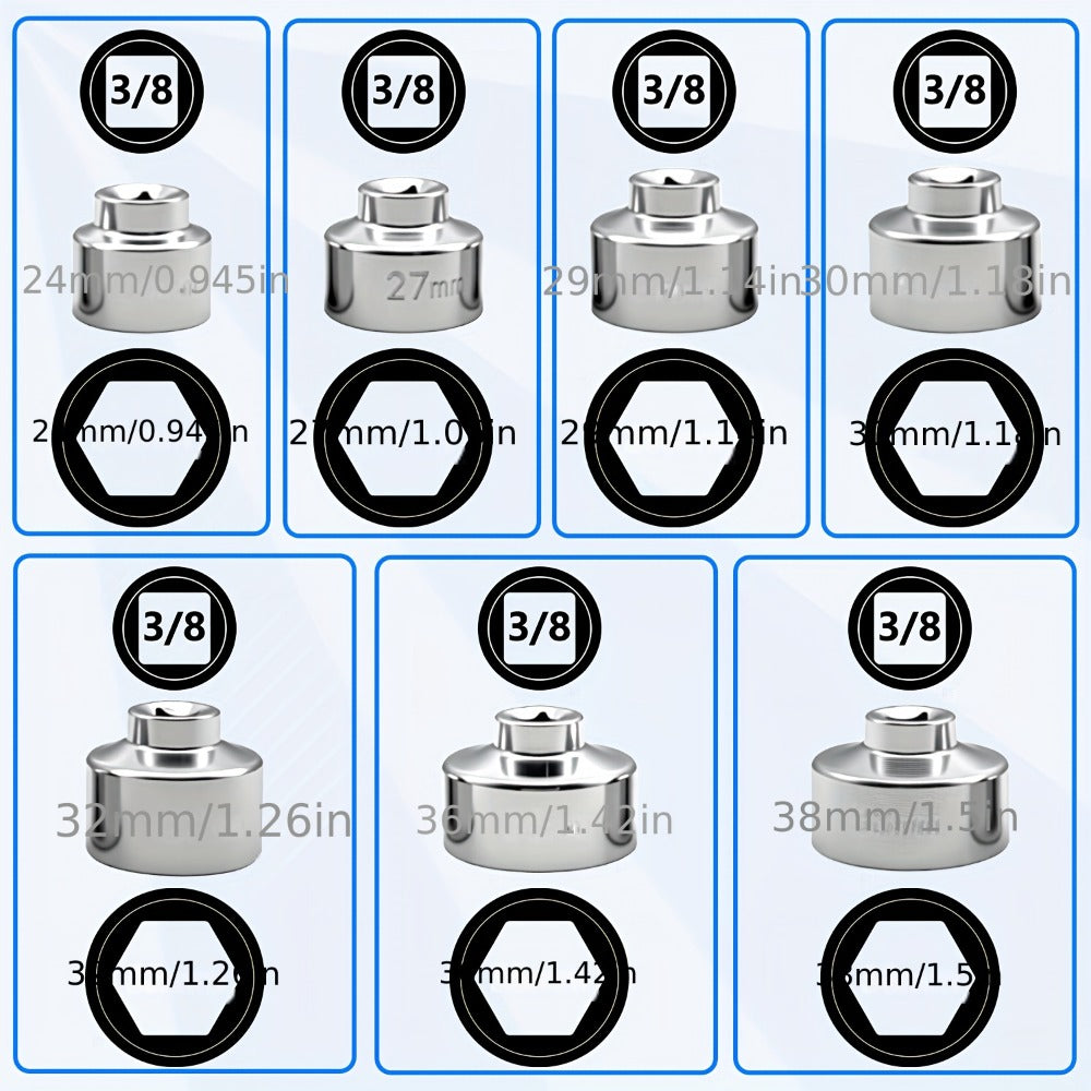 7-Piece Oil Filter Wrench Socket Set – CR-V Steel Hexagonal Cap Wrenches 24mm to 38mm, 3/8-Inch Drive, Universal Fit for Car Oil Filter
