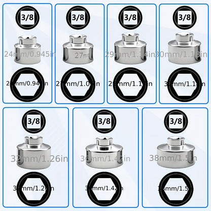 7-Piece Oil Filter Wrench Socket Set – CR-V Steel Hexagonal Cap Wrenches 24mm to 38mm, 3/8-Inch Drive, Universal Fit for Car Oil Filter