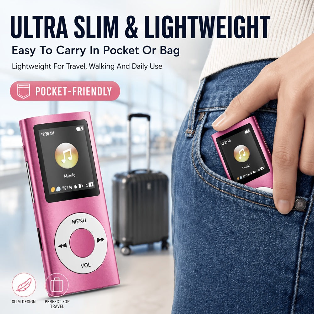 Aluminum-Alloy MP3 Player with 64GB Card Support, 1.8-Inch LCD, Earphones and Charging Cable in Red or Black