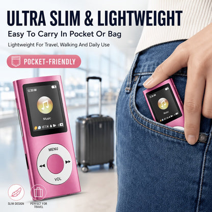 Aluminum-Alloy MP3 Player with 64GB Card Support, 1.8-Inch LCD, Earphones and Charging Cable in Red or Black