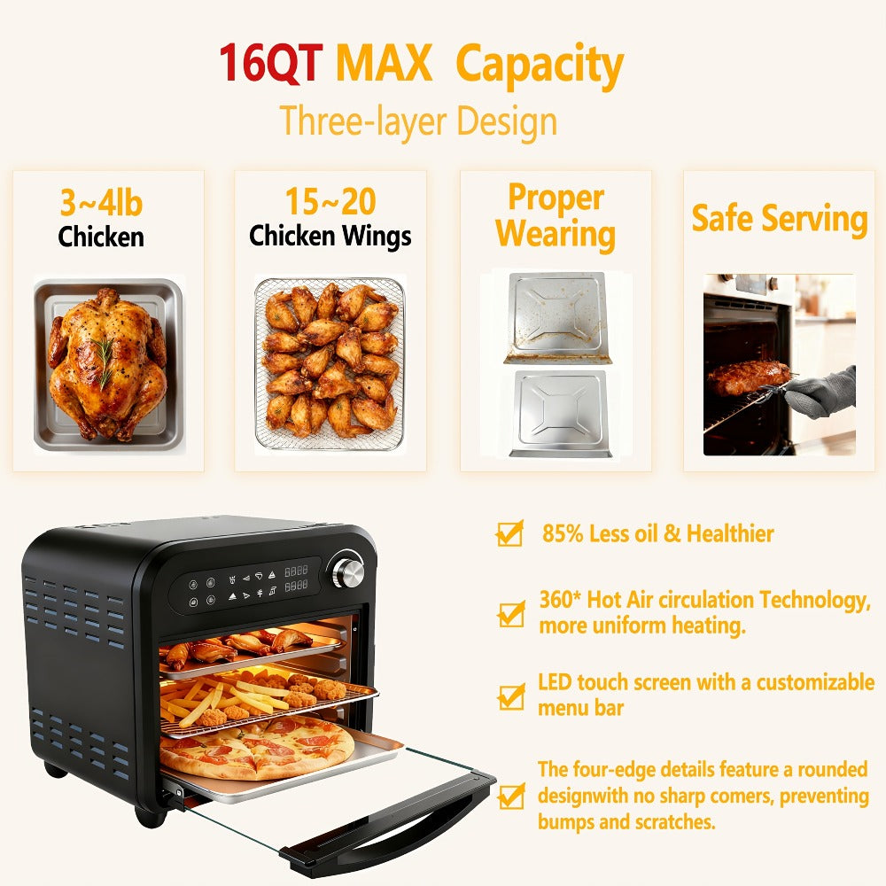 Air Fryer Toaster Oven Combo 15QT Extra Large, 360° Convection, LED Digital Display, Precise Temperature Control
