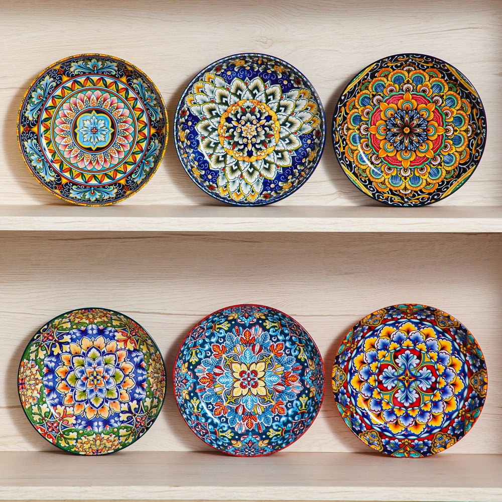 Bohemian Pasta Bowls Set of 6, 32 Oz Porcelain, Floral Pattern, Microwave &, VANCASSO for Entryways, Bedrooms and Living Spaces