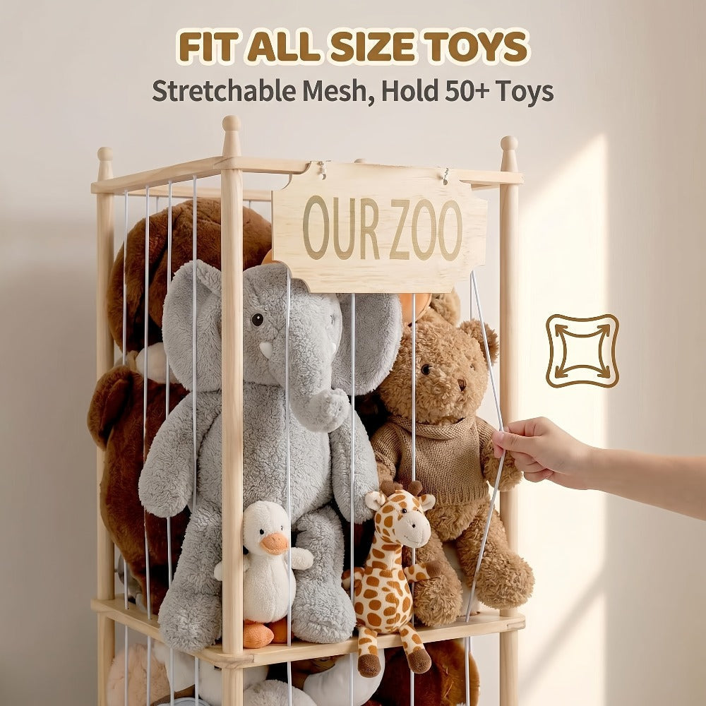 Stuffed Animal Storage Tower Wooden Zoo Cage Design Large Plush Toy Organizer Holder for Kids for Entryways, Bedrooms and Living Spaces