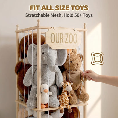Stuffed Animal Storage Tower Wooden Zoo Cage Design Large Plush Toy Organizer Holder for Kids for Entryways, Bedrooms and Living Spaces
