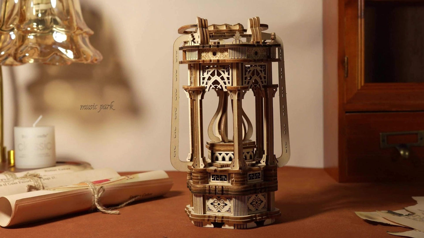 LED Wooden Lantern Model Kit, Rotating Mechanical 3D Wooden Puzzle for Adults & Teens, Glowing Vintage Desk Decor Display