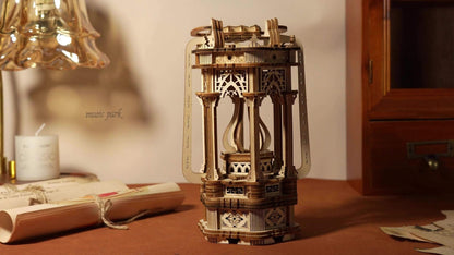 LED Wooden Lantern Model Kit, Rotating Mechanical 3D Wooden Puzzle for Adults & Teens, Glowing Vintage Desk Decor Display