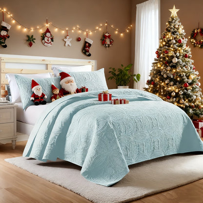 Quilt Set 3 Piece Soft Lightweight Bedding – Thin Bed Quilt with 2 Pillowcases for Bedroom Guest Room, Full Queen King