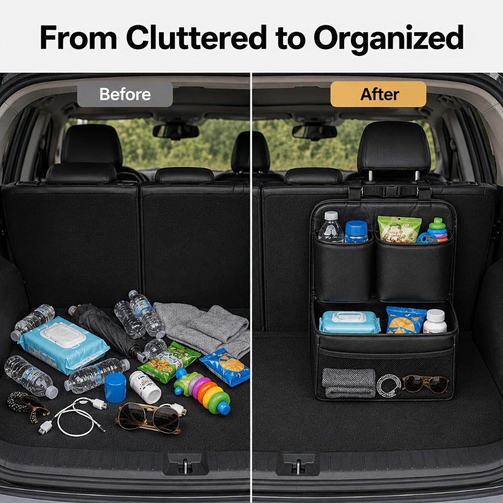 Car Trunk Organizer, Foldable PU Leather Multi-Pocket Bag with Bottle Slots, Adjustable Straps and 1- or 3-Piece Options
