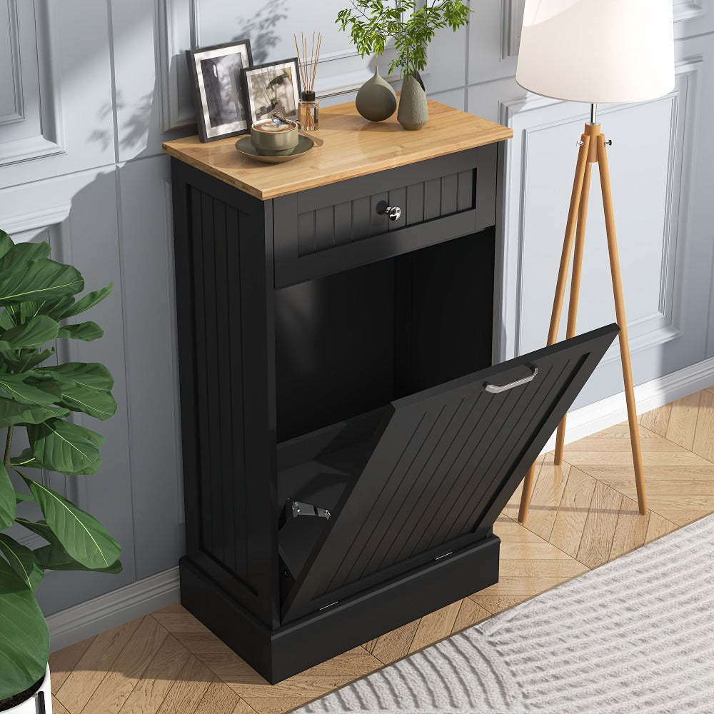 Tilt Out Trash Cabinet Freestanding Kitchen Garbage Cabinet with Cutting Board & Drawer, Wood Hideaway Recycling Station