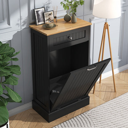Tilt Out Trash Cabinet Freestanding Kitchen Garbage Cabinet with Cutting Board & Drawer, Wood Hideaway Recycling Station