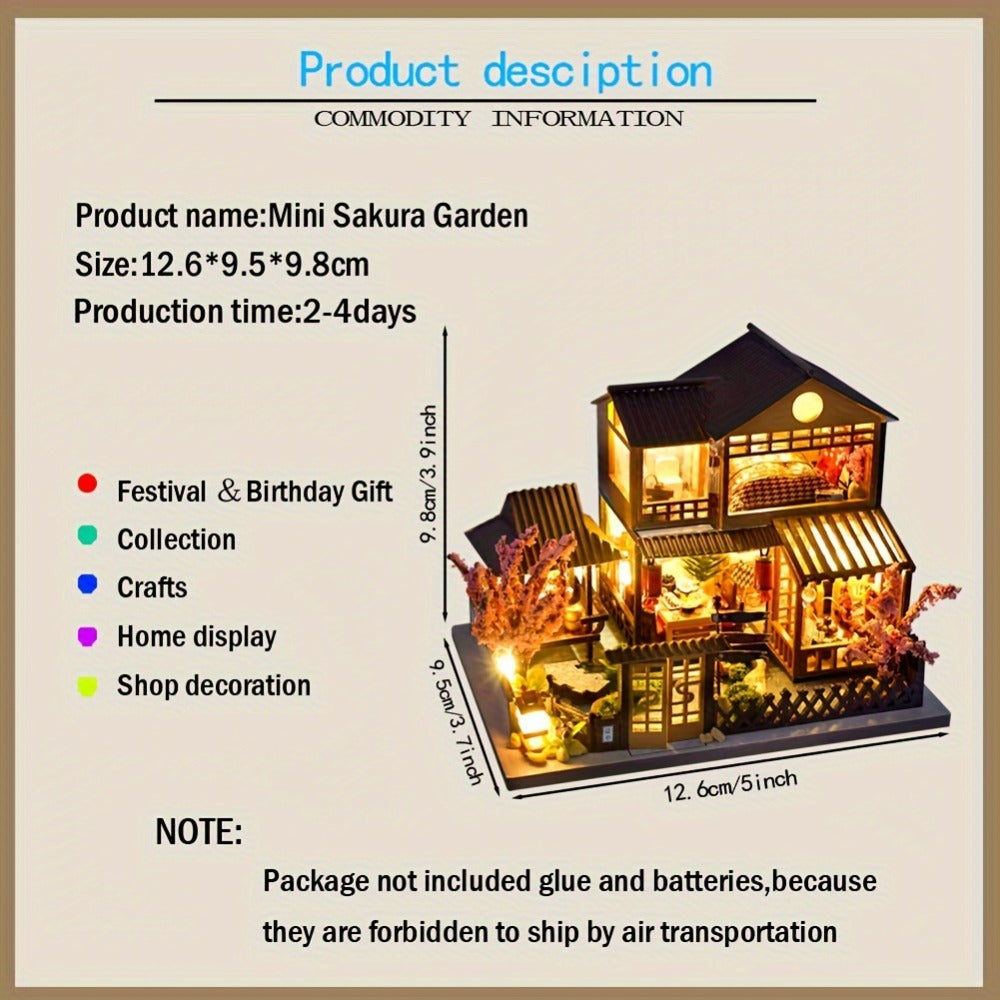 DIY Miniature House Kit, Sakura Garden Villa Wooden Dollhouse with Full Furniture & Accessories, Japanese Cherry Blossom Style