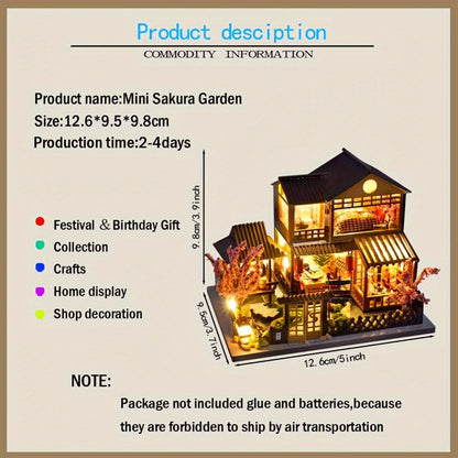 DIY Miniature House Kit, Sakura Garden Villa Wooden Dollhouse with Full Furniture & Accessories, Japanese Cherry Blossom Style