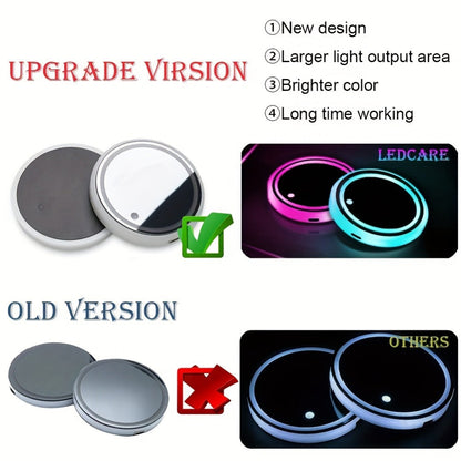 LED Neon Car Cup Holder Coasters – 7 Color USB Rechargeable Glowing Cup Mats, Ambient Light for Car Interior, Bar & Home Decor (Set of 2