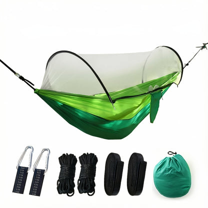 Double Camping Hammock with Zippered Mosquito Net, Sun Shade and Seven Color Checkouts for Outdoor Trips