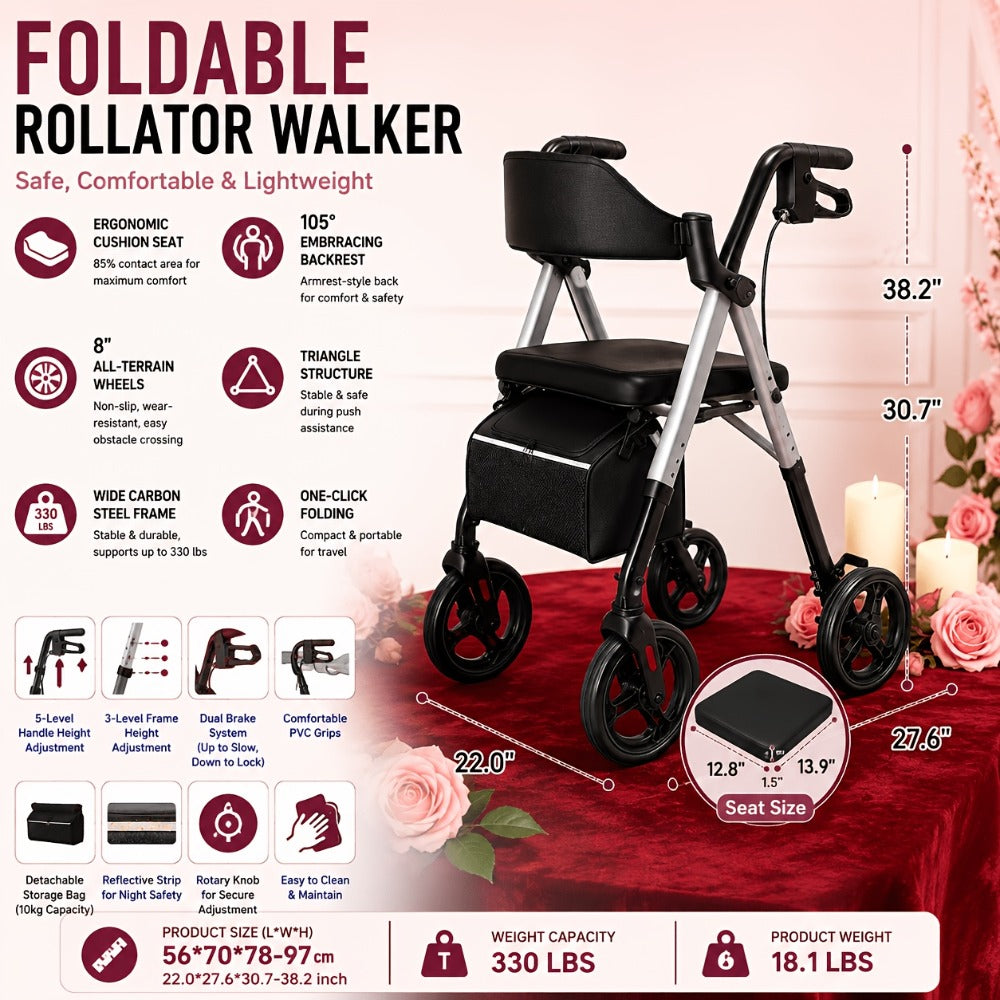 Rollator Walker for Seniors Foldable with 8-Inch Big Wheels, Durable Aluminum Rolling Walker with Backrest & Dual Adjustable Height