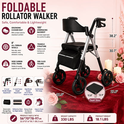 Rollator Walker for Seniors Foldable with 8-Inch Big Wheels, Durable Aluminum Rolling Walker with Backrest & Dual Adjustable Height