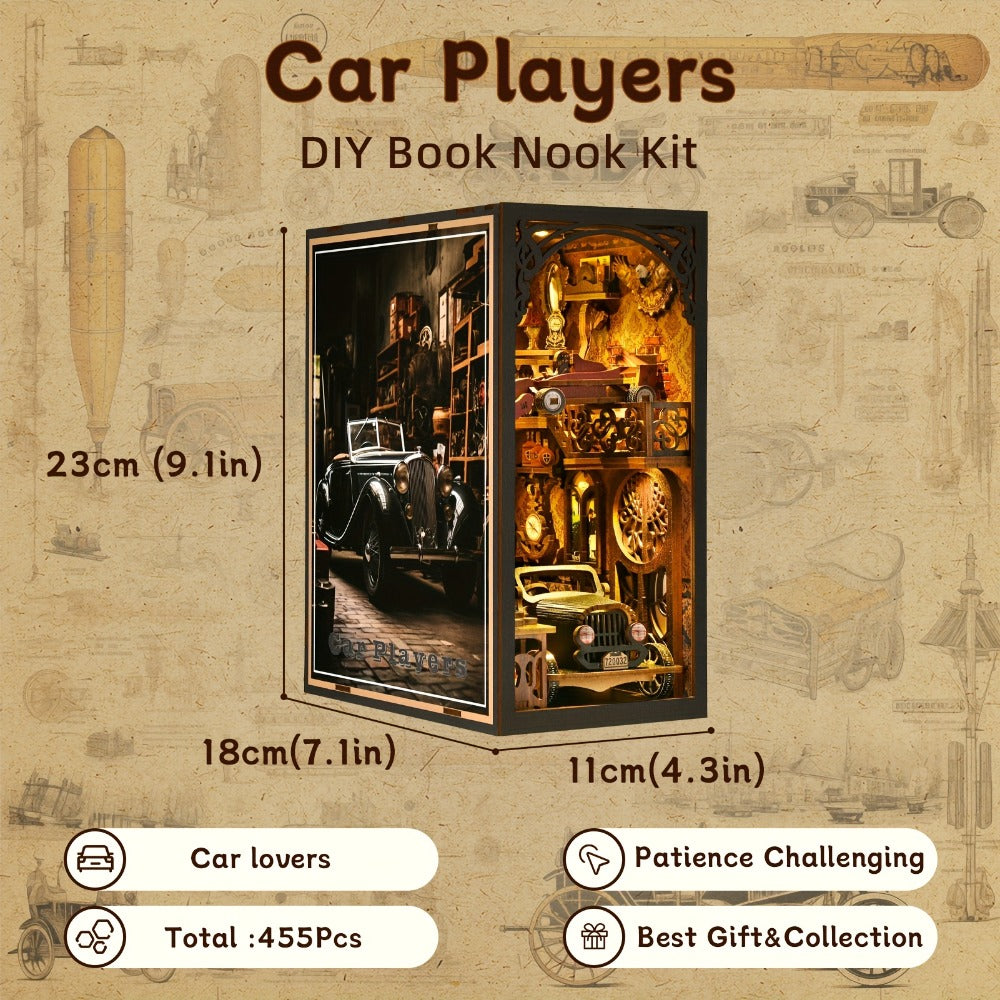 Car Players Book Nook Kit with 145-Piece Vintage Garage Scene, Warm Light and Clear Front Cover