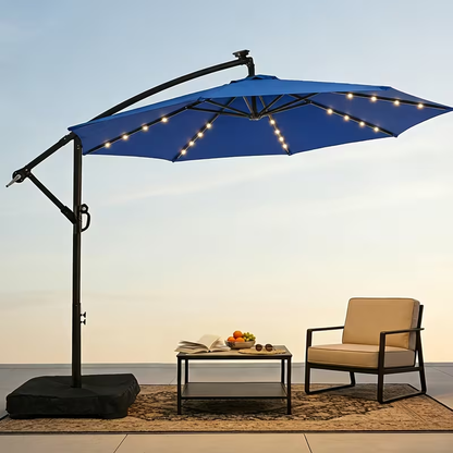 Patio Umbrella 10FT Offset Cantilever Solar LED Style with Tilt, Crank and 16 Base-Choice Color Options