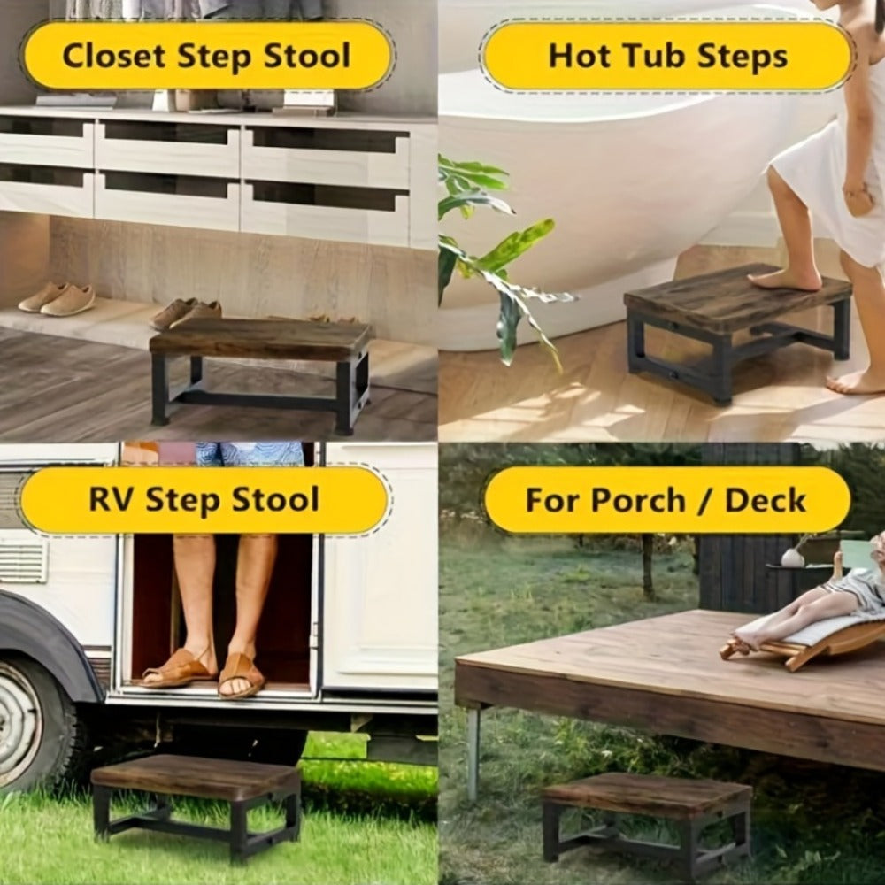 Step Stool Ladder Steel Wood Frame Single Step for Adults Bedroom Kitchen Bathroom Small for Home Cooking, Dining and Outdoor Meals