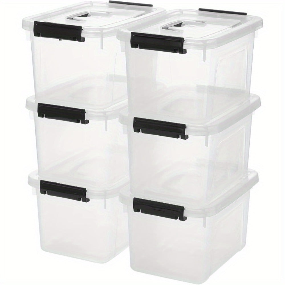 Six-Piece 6-Quart Clear Storage Box Set with Black Latches, Carry Handles and Stackable Lids