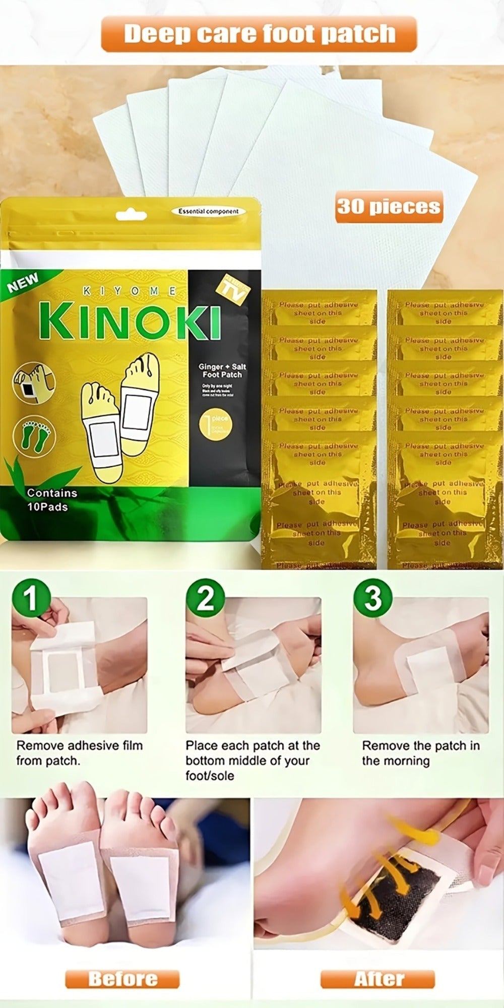 Foot Detox Pads 30 Pack Bamboo Vinegar Ginger Powder Natural Plant Ingredient Deep Cleansing Moisturizing Patches