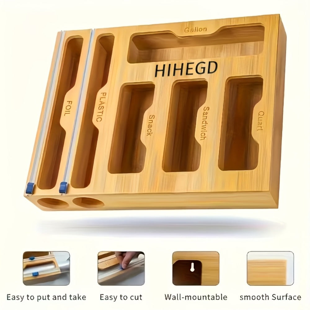 Bamboo Ziplock Bag Organizer Box for Kitchen Drawer – Adjustable Dividers, Compatible with Gallon Quart Sandwich Snack Bags