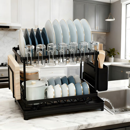 Dish Drying Rack with Drainboard in Gray, White, Black, Single-Layer and Seven-Cup Configurations