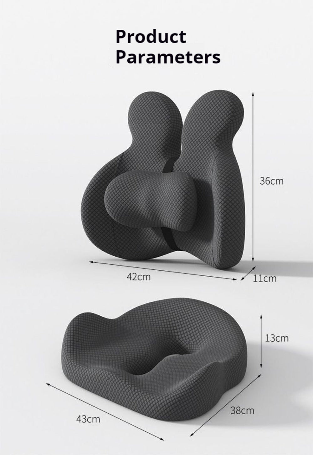 Two-Piece Contoured Seat and Lumbar Cushion Set with Adjustable Chair Straps and Three Colors