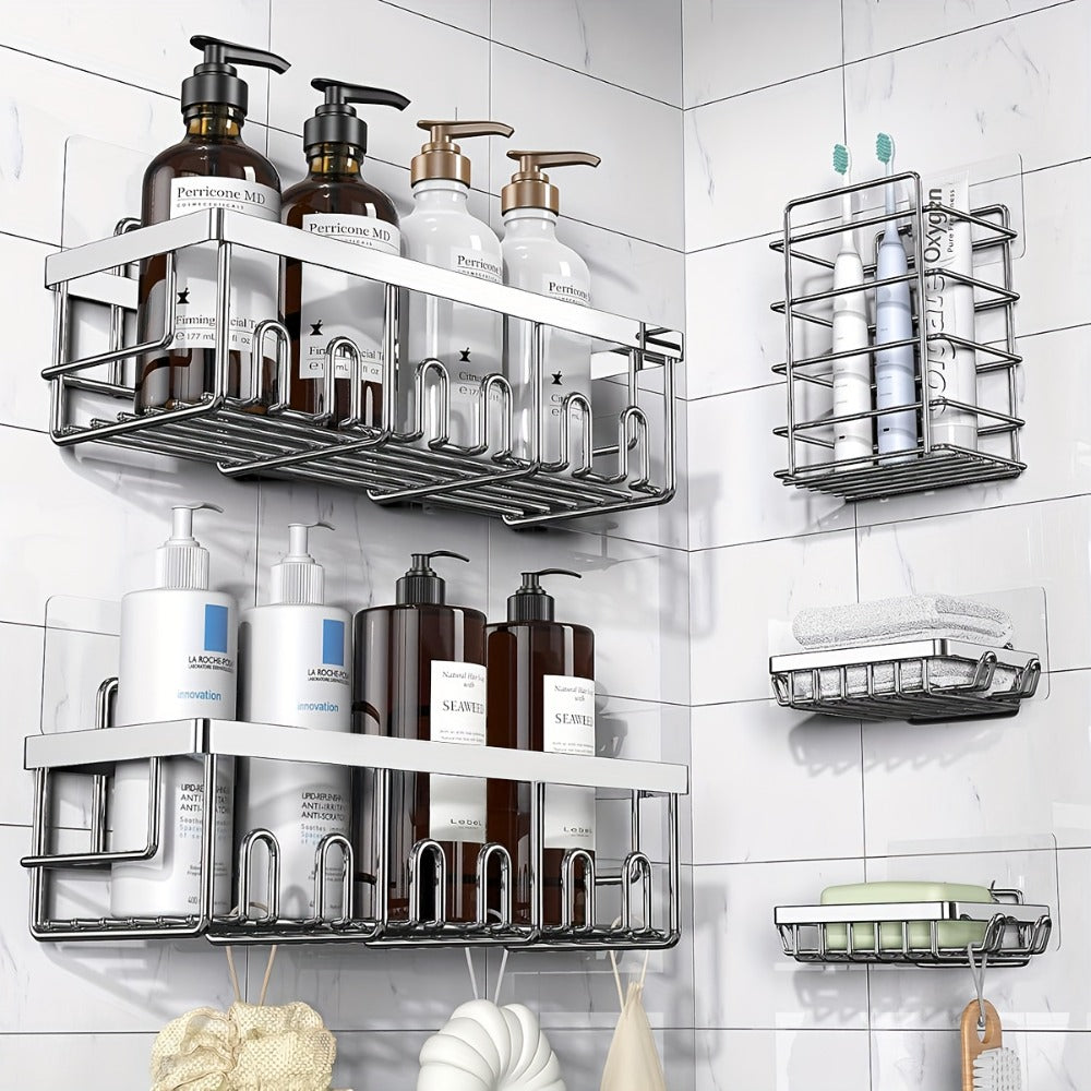 Shower Caddy Organizer 5 Pack Adhesive Rustproof Stainless Steel Shower Shelves with Soap Holder No Drilling Bathroom Storage Rack