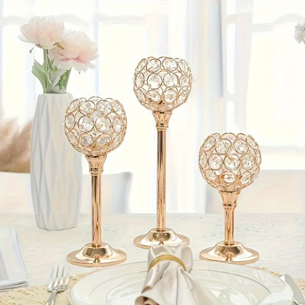Crystal Candle Holders Set of 3 - Windproof Glass Taper Candle Holder for Wedding Table Centerpiece