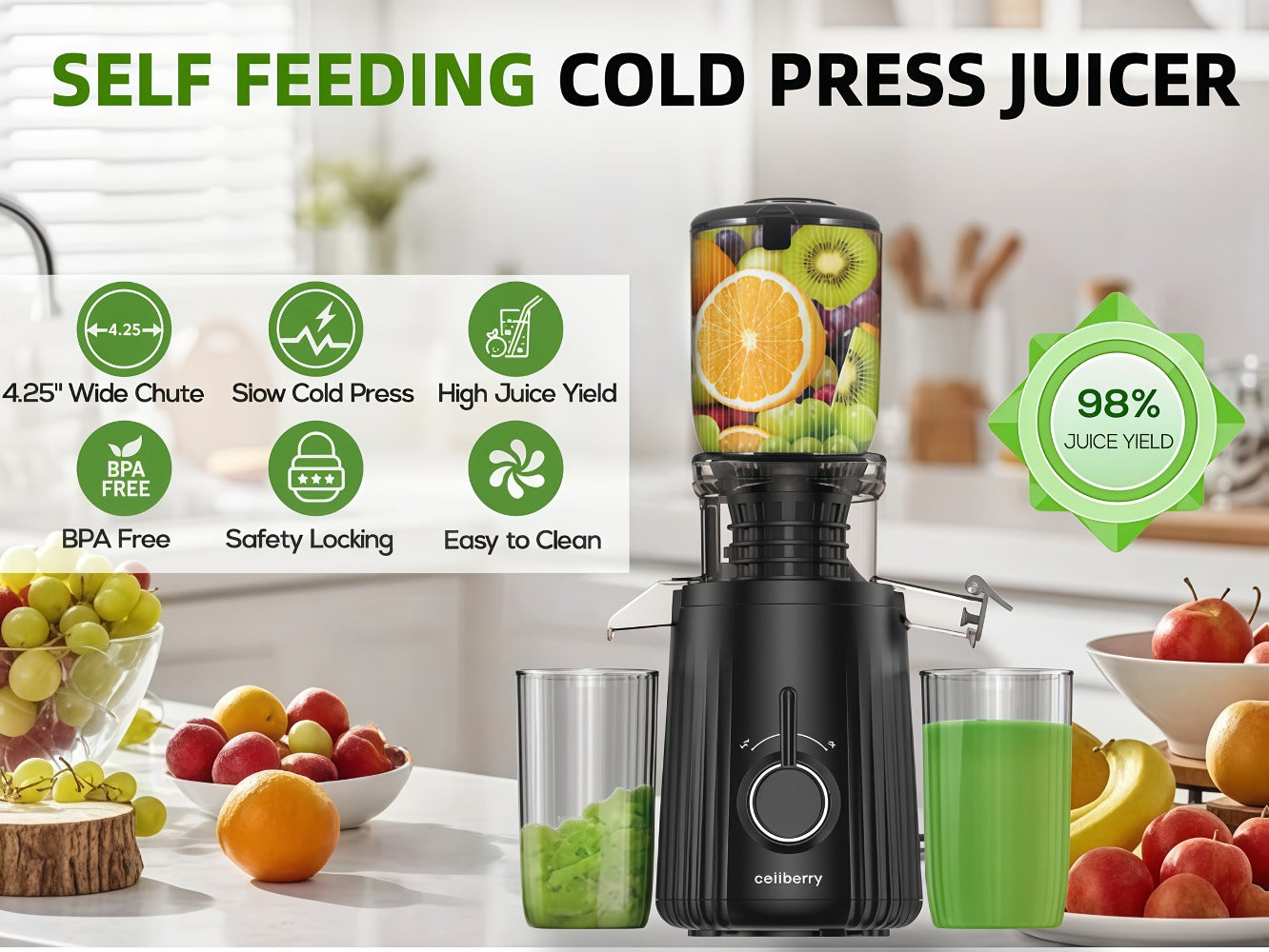Masticating Juicer Cold Press - 4.25" Wide Feed Chute Auto-Feed Slow Juicer for Whole Fruits & Vegetables