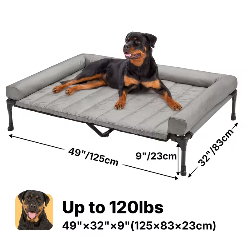 Elevated Dog Bed with Cooling Mesh & Removable Bolster Pillow Top Mat – Raised Dog Cot Bed, No-Slip Feet, Breathable Dog Sofa Bed for Indoor