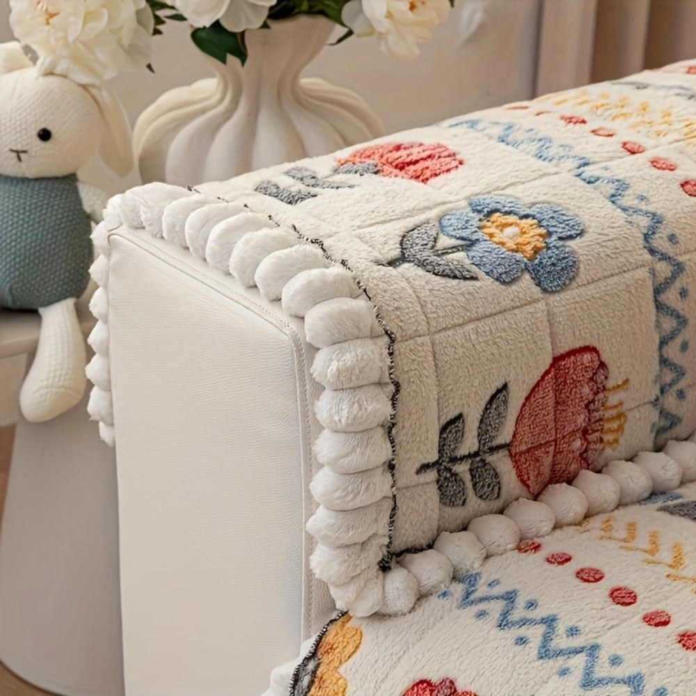 Sofa Cover Thick Milk Fleece Floral Quilted Panels with Ruffled Edge for 2, 3 or 4-Seater Sofas
