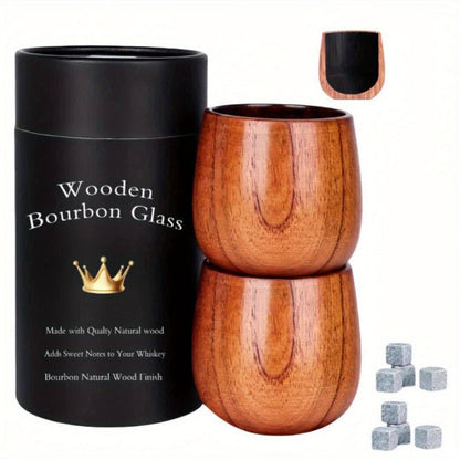 Charred Wooden Bourbon Whiskey Glass Set, 2 Jujube Wood Old Fashioned Tumbler Glasses & 8 Granite Whiskey Stones