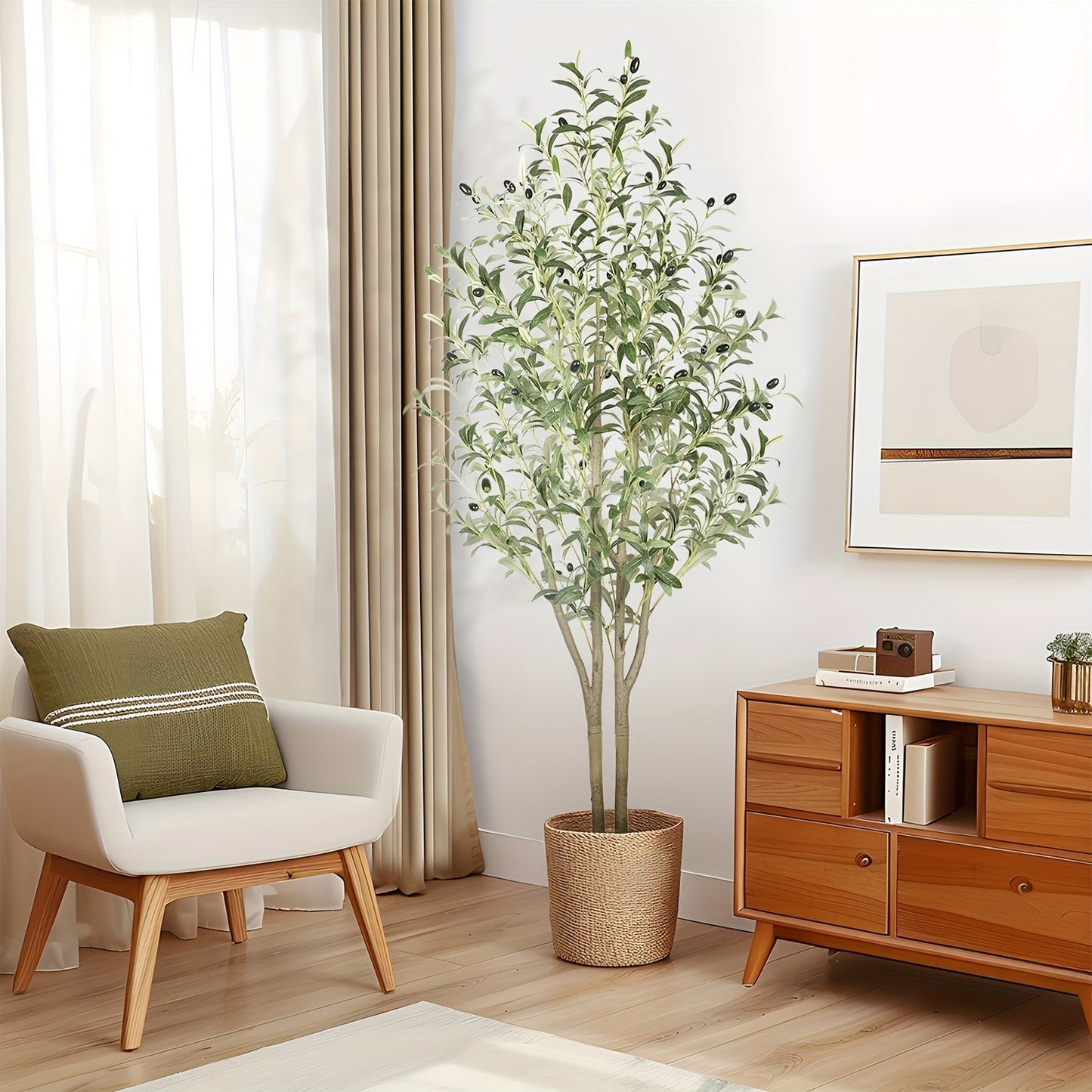Full-Canopy Artificial Olive Tree with 4, 5, 6 or 7 ft Height Options, Decorative Fruit and Potted Base